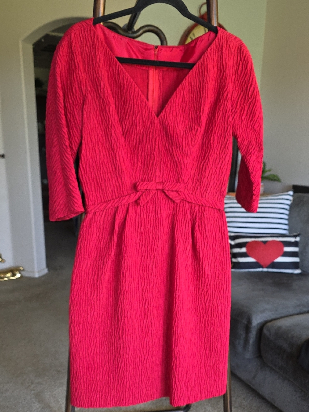 Vintage Helga Textured V-Neck  Bright Red Bow Party Dress *